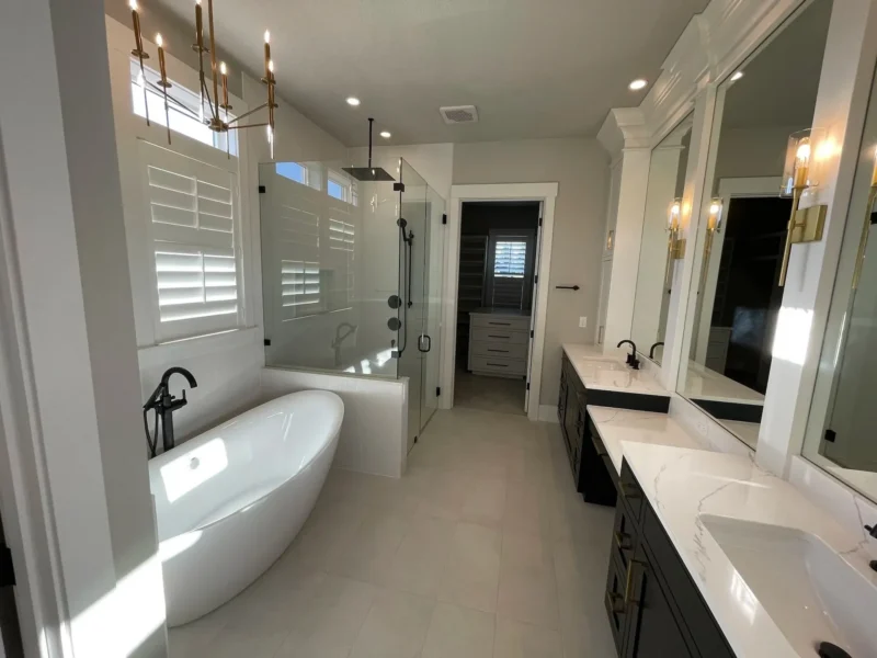 Modern bathroom with freestanding tub and glass walk-in shower