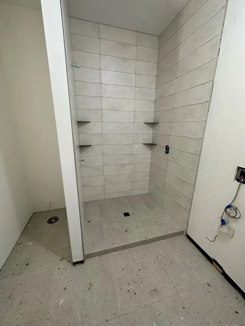 Walk-in shower remodel featuring large-format tiles, terrazzo flooring, and recessed corner shelving